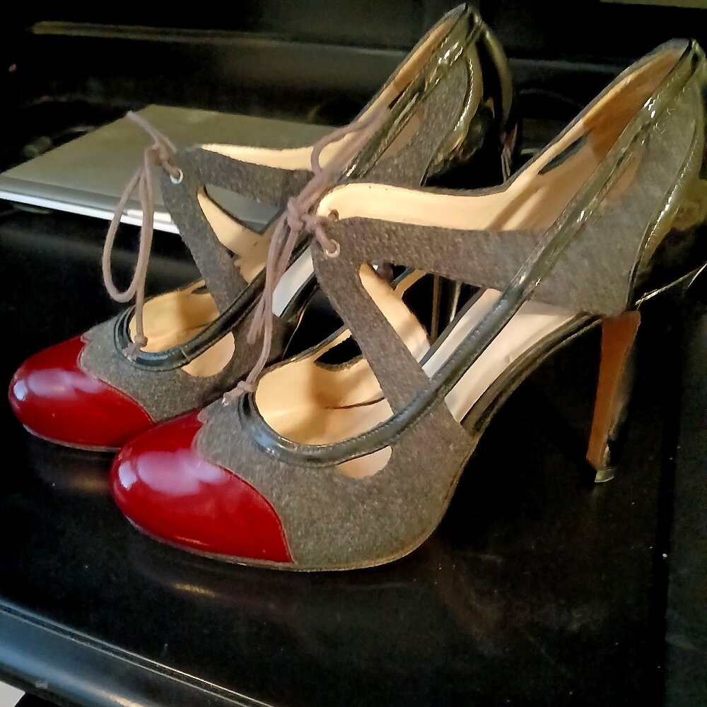 Grey Flannel and Burgundy Patent "Mary Jane" heels